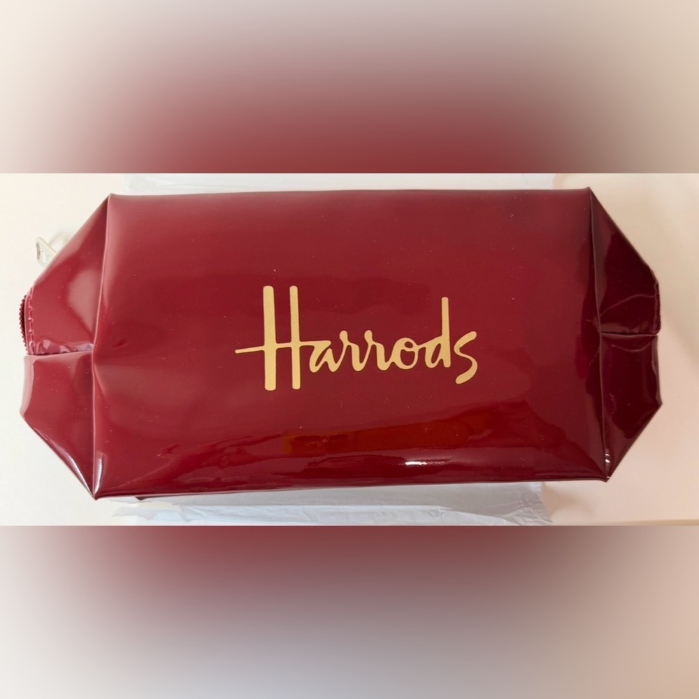 Harrods Burgundy Gloss Makeup Bag | Branded Zipper Cosmetic Pouch